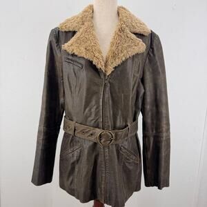 Vintage St Johns Bay Leather Aviator Jacket Womens L Brown Distressed Sherpa Y2K
